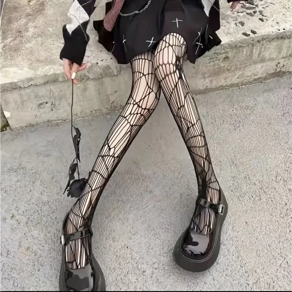 Black Gothic Skull Pattern Fishnet Tights Sexy Hollow Out Mesh Pantyhose OneSize